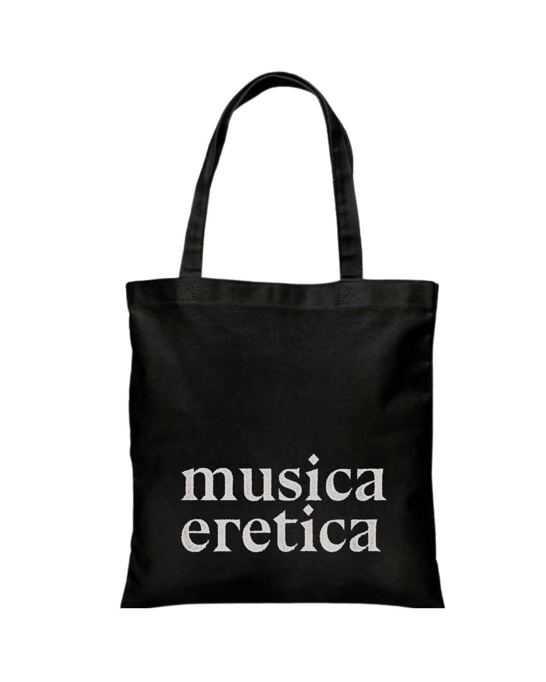 Borsa di tela Musica Eretica, in 100% cotone organico. Nera con scritta bianca.