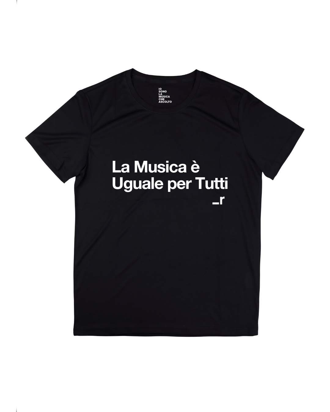 Davanti della t-shirt La musica è uguale per tutti in 100% cotone organico, nera con stampa bianca.