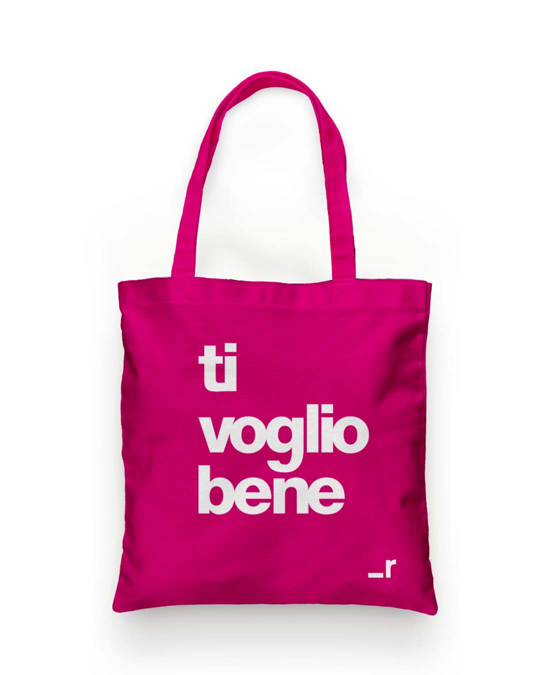 Shopper Ti voglio bene in 100% cotone organico. Fucsia con scritta bianca.