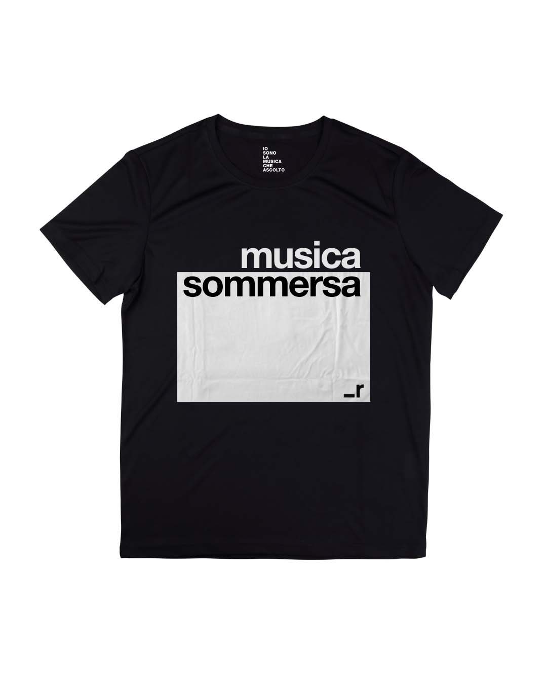 Davanti della t-shirt Musica sommersa in 100% cotone organico, nera con stampa grigia.