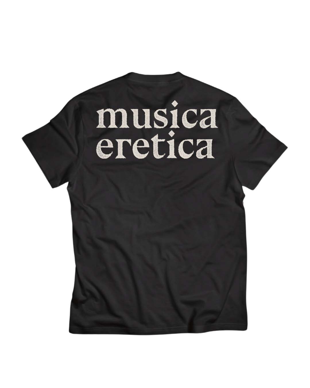 Retro della t-shirt Musica eretica in 100% cotone organico, nera con stampa bianca.