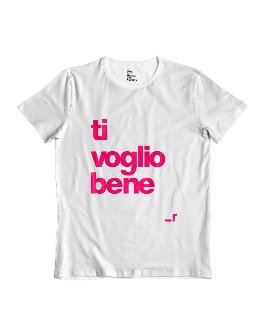 Davanti della t-shirt ti voglio bene in 100% cotone organico, bianca con stampa fucsia.